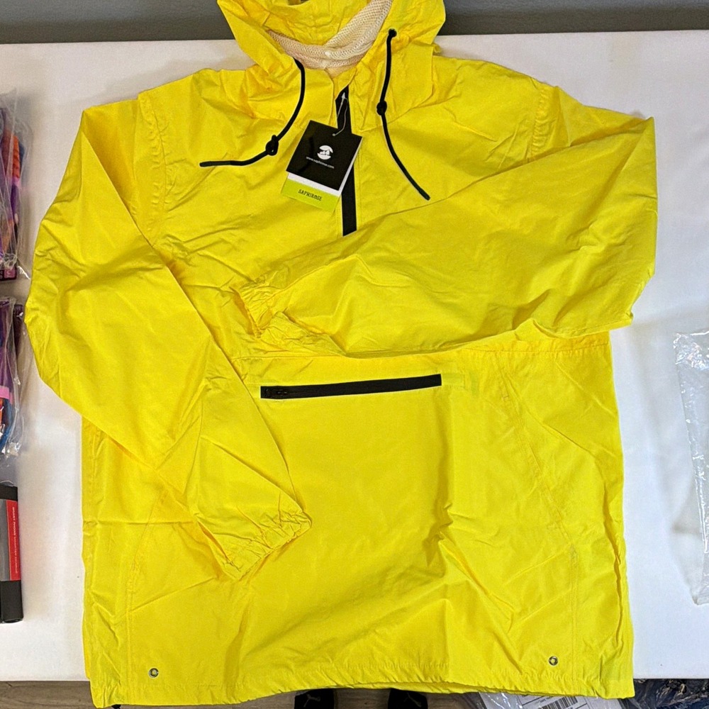 SAPHIROSE Mens L Yellow Hooded Rain Coat 1/4 Zip Mid-Length Solid Outdoor